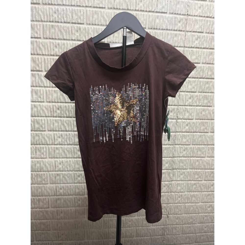 Fresh Brewed Girl Brown Sequin Star Graphic Tee Shirt Womens Small 2A0771C03MM‎